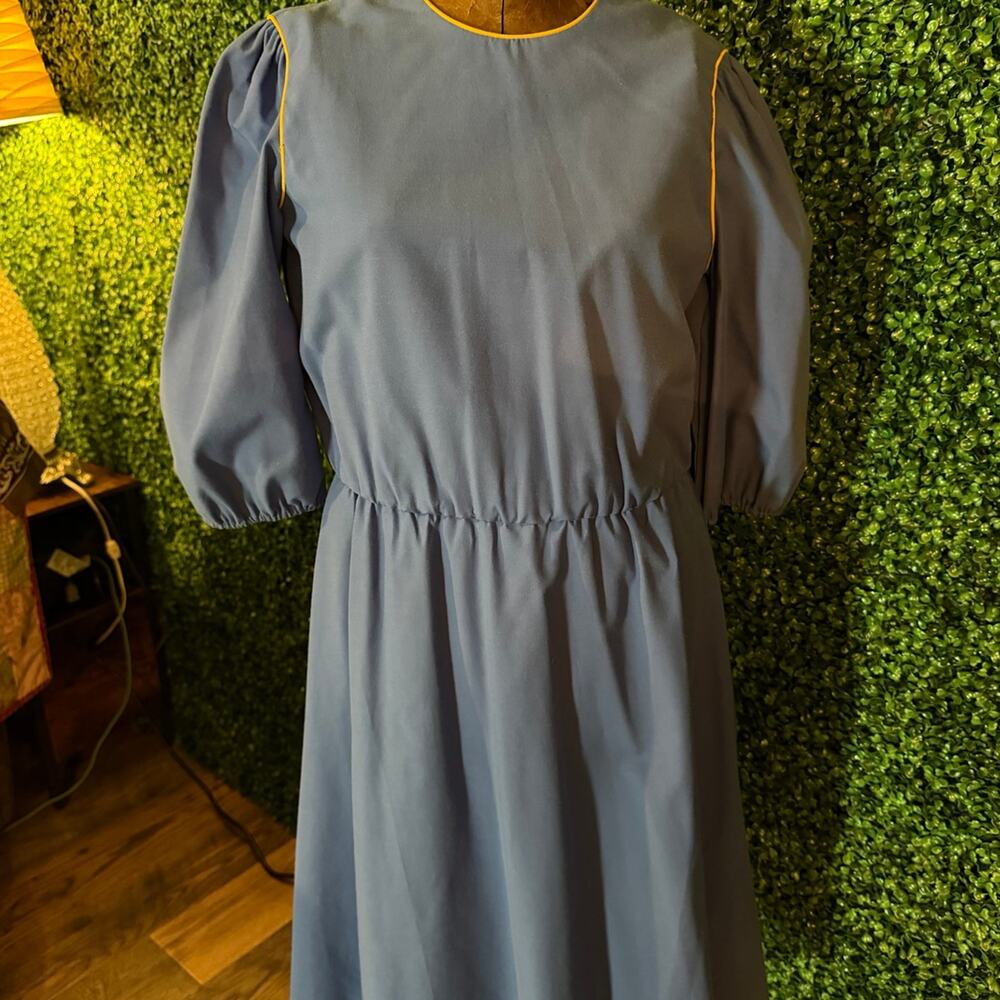 Vintage Jerell of Texas Blue Dress Size 7 Puff Sleeve Midi Prairie Minimalist